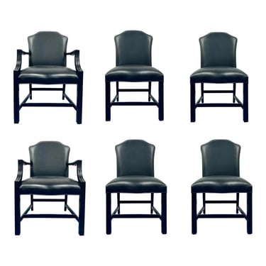 Maitland-Smith Transitional Black Leather Dining Chairs Set of 6