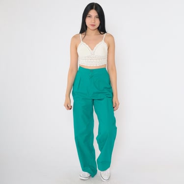 Vintage Teal Pleated Trousers 90s Straight Leg High Waisted Pants Retro Green Slacks Buckle Waist High Waisted Rise 1990s Medium 29 