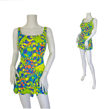 Catalina 1960's Lime Green Blue Psychedelic Floral Print One Piece Bathingsuit I Swimsuit I Sz Lrg 