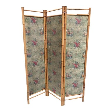 3 Panel Bamboo and Parrot Print Folding Screen, 1940 