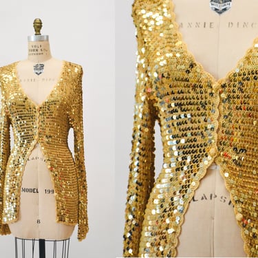 90s y2k Gold Sequin Cardigan Jacket Vintage Gold  Sequin Sweater Top Summer Party Jacket// Vintage 2000s Metallic Gold Sequin Beach Sweater 