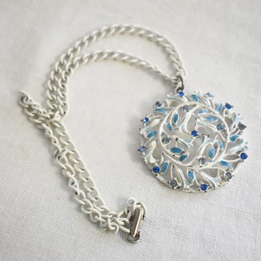 1960s White and Blue Rhinestone Pendant with Chain Necklace 