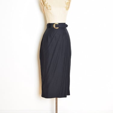 vintage 80s skirt black high waisted belted slim pencil midi skirt L clothing 