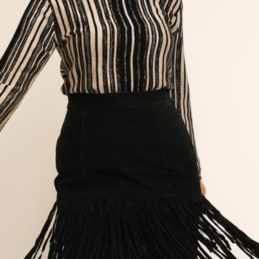 Vintage 1980s 80s High Waisted Jet Black Suede Leather Fringe Tassel Mini Skirt 