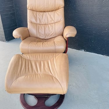 Lane Sand Colored Leather Recliner and Ottoman