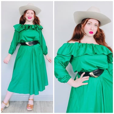 1980s Vintage Green Ruffled Two Piece Western Set / 80s Cotton Peasant Blouse and High Waisted Skirt / Small - Medium 