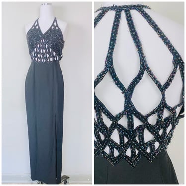 1990s Vintage Alyce Designs Black Beaded Cage Dress /  90s Heavily Beaded Acetate Glamorous Maxi Gown / Size Small 