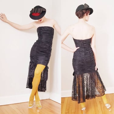 Vintage 90s Gunne Sax Party Dress Black Lace Fishtail Skirt 