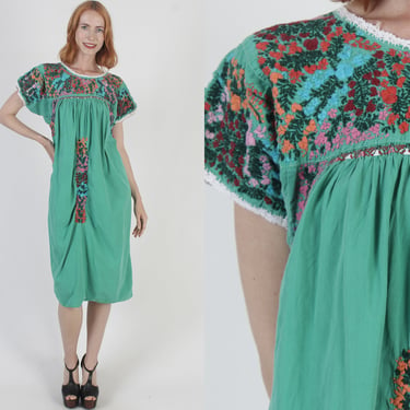 Mexican Hand Embroidered Oaxacan Dress Floral Green Caftan San Antonio Cotton Festival Cover Up Sundress 