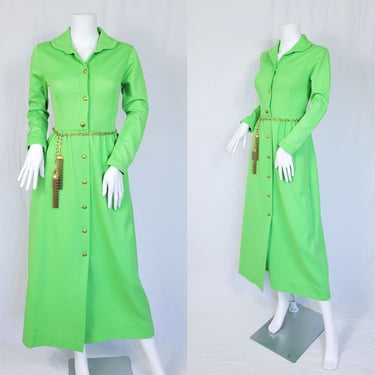 1970's Lime Green Long Poly Button Down Maxi Dress I Sz Med 