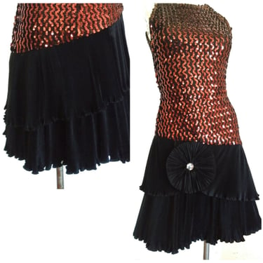 VINTAGE sequin FLAPPER DRESS  bronze and black sequin dress Gatsby dress size small 4 / 6 