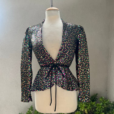 Vintage disco peplum top or jacket black with multicolored sequins sz 4 XS 