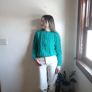 Vintage Acrylic Cable Knit Fisherman Pullover Sweater / Small to Medium / 1980's / Green / Women's 