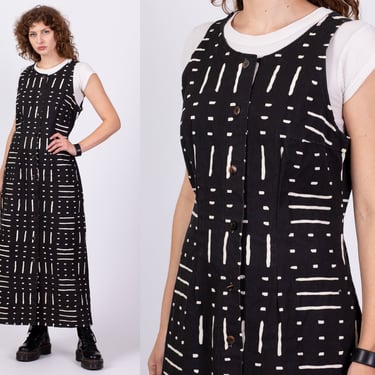 90s Black & White African Mudcloth Maxi Dress - Large | Vintage Boho Sleeveless Abalone Button Up Grunge Dress 