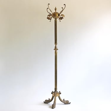 Brass Antique Style Free Standing Coat Hat Rack Hollywood Regency Italian Vintage Golden Hall Tree Floor Stand Clothes Rack Entryway 1960s 