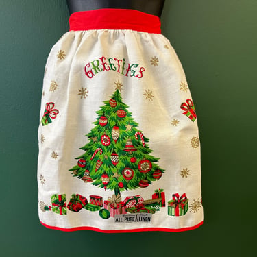 vintage Christmas tree apron 50s housewife festive holiday novelty print hostess apron skirt saver 