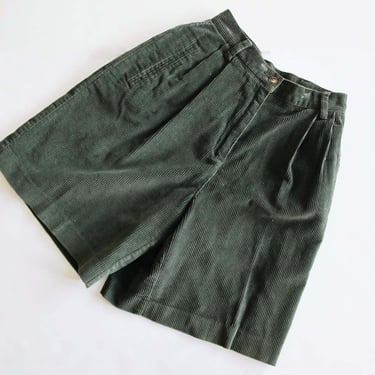 90s Corduroy Womens Long Shorts S 25 - Dark Green High Waist Pleated Shorts -  Earth Tone Clothes Minimalist Preppy Academia Style 