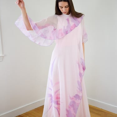 Vintage 1970s Layered Chiffon Gown by Kay Kipps | M | 70s Pastel Pink and Purple Floor Length Gown with Draped Overlay 