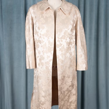 Vintage 1960s Union Made Open Front Rose Print Ivory Heavy Satin Brocade Evening Coat 