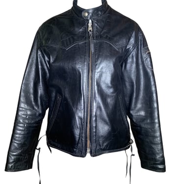 Classic 1960s Black Leather Motorcycle Jacket with Denim Lining