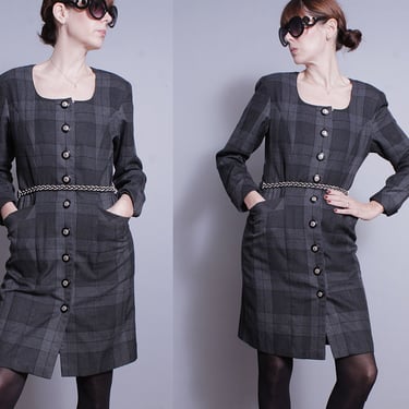 Vintage 1990's | Express | Gray and Black | Plaid | Button Down | Dress | M 