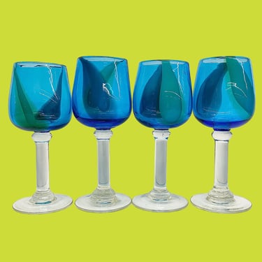 Vintage Wine Glasses Retro 2000s Contemporary + Pier 1 + Blue and Teal + Art Glass + Handblown + Set of 4 + Modern Stemware + Goblets + Bar 