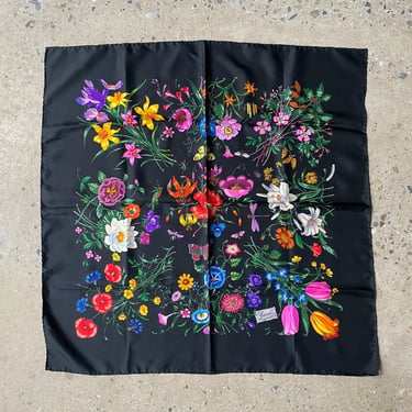 1970s Gucci Vittorio Accornero “Flora” Black Multicolor Floral Silk Scarf 