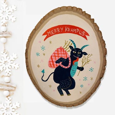 Hand Painted Krampus on Wood/ Merry Krampus Holiday Wall Ornament/ Modern Christmas Folklore Mantle Decor 