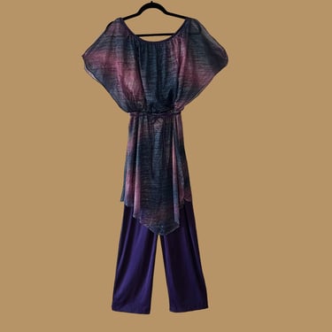 Vintage 70s Purple with Sheer Iridescent Overlay Jumpsuit, Size estimate Women's Small 