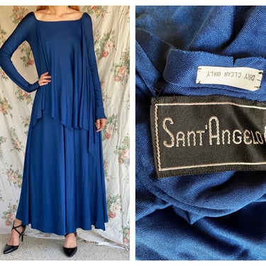 Vintage Designer Giorgio Sant'Angelo Jersey Knit Dress / Draped Scarf Dress / Navy Blue Disco Era Dress / Holiday Party Dress / Christmas 
