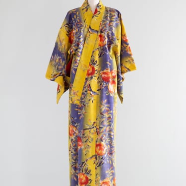 Exquisite Antique Silk Kimono In a Yellow & Blue Watercolor Floral Print / OS