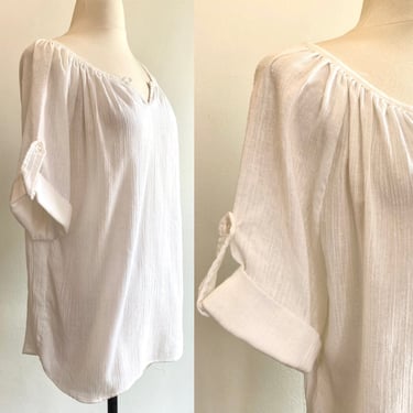 Vintage 70s GAUZE Blouse / Tab Button Sleeves / Miss Fashionability 