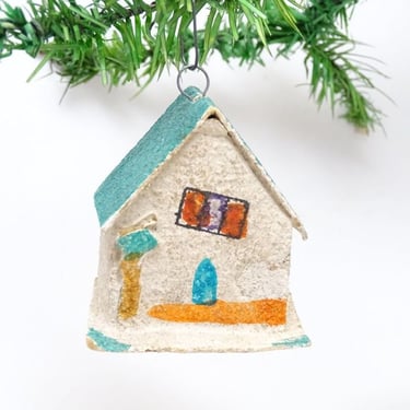 Antique 1940's Christmas Ornament, Vintage Glittered Cardboard House, Retro MCM Holiday Decor 