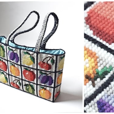 vtg 1970s handmade vibrant colorful fruit pattern plastic canvas cross stich rectangle purse | old school 1970s | size medium slim 
