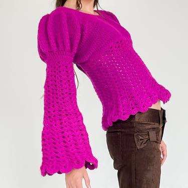 Fuchsia Mutton Sleeve Crochet Sweater (M)