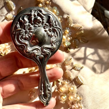 Art Nouveau Silver Pocket Hand Mirror 