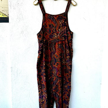 Vintage 90s Baroque Overalls // 1990s Dark Paisley One Piece Jumpsuit 