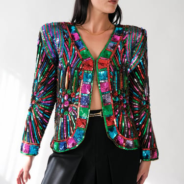 Vintage 80s Jakelin Designs by Meher Vibrant Jewel Toned Sequined Silk Jacket | 100% Silk | Made in India | 1980s Designer Evening Jacket 