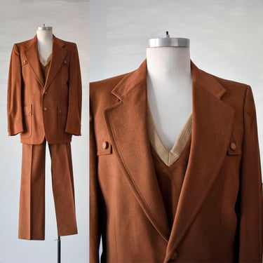 1970s Mens Brown Faux Suede 3pc Suit 