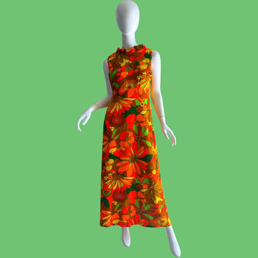 60s Walter Clarke’s Hawaiian Dress / Vintage Psychedelic Pop Art Maxi / 1970s Flower Power Hawaii Dress Medium 