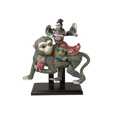 Chinese Vintage Color Ceramic Warrior Riding Monkey Figure Display Art ws4106E 