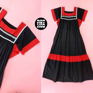 Unique Vintage 70s 80s Black Red White Geometric Color Block Cotton Caftan Dress 