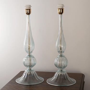 Pair of Murano glass table lamps aquamarine color, handmade Made in Italy Venetian design lighting 