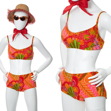 Vintage 1960s Bikini | 60s Psychedelic Floral Barkcloth Two Piece Swimsuit Orange Retro Bathing Suit (x-small) 