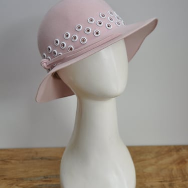 vintage 1970s pink ADOLFO wool wide brim bucket hat grommets 