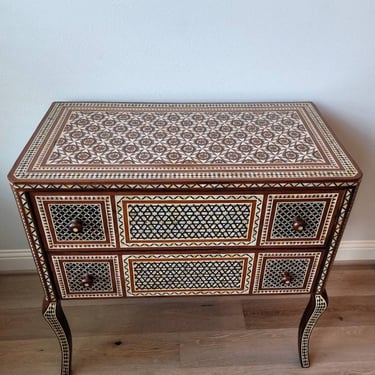 Vintage Moorish Style Bone Mother Of Pearl Inlaid Chest Of Drawers Commode 