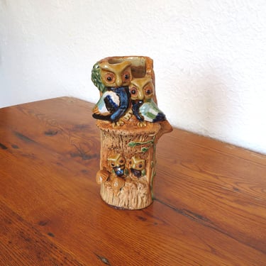 Vintage Owl Family Vase Mid Century Owls In Tree Trunk Mushrooms 