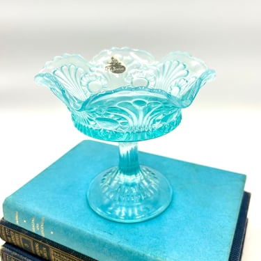 Fenton "Tokyo" Blue Glass Compote, Eye and Fan, Turquoise Aqua Blue Jelly Pedestal Dish, Vintage Art Glass, Glassware with Original Sticker 