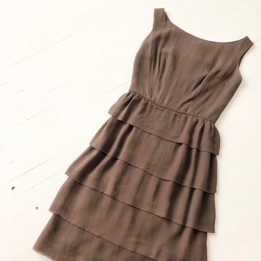 1950s Tiered Brown Silk Dress 