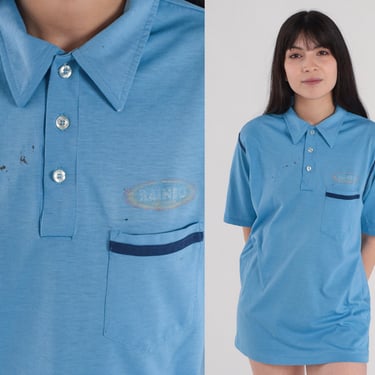 Rainbo Bread Shirt 70s Blue Polo Shirt Retro Uniform Collared Shirt Button Up Short Sleeve Preppy Distressed Top Vintage 1970s Medium M 